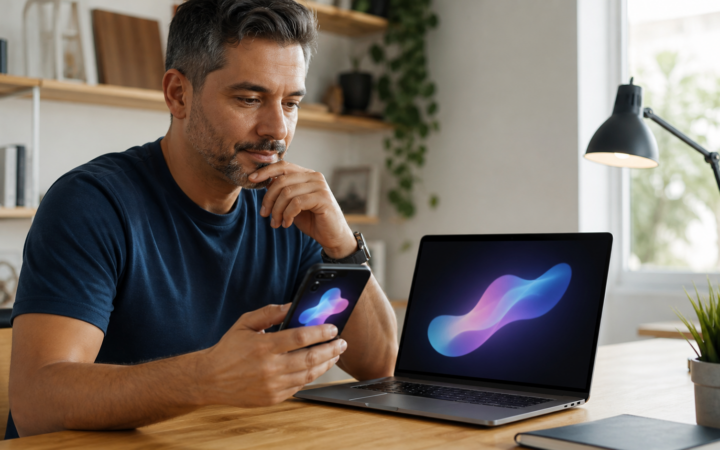 Pessoa utilizando inteligência artificial no celular e computador