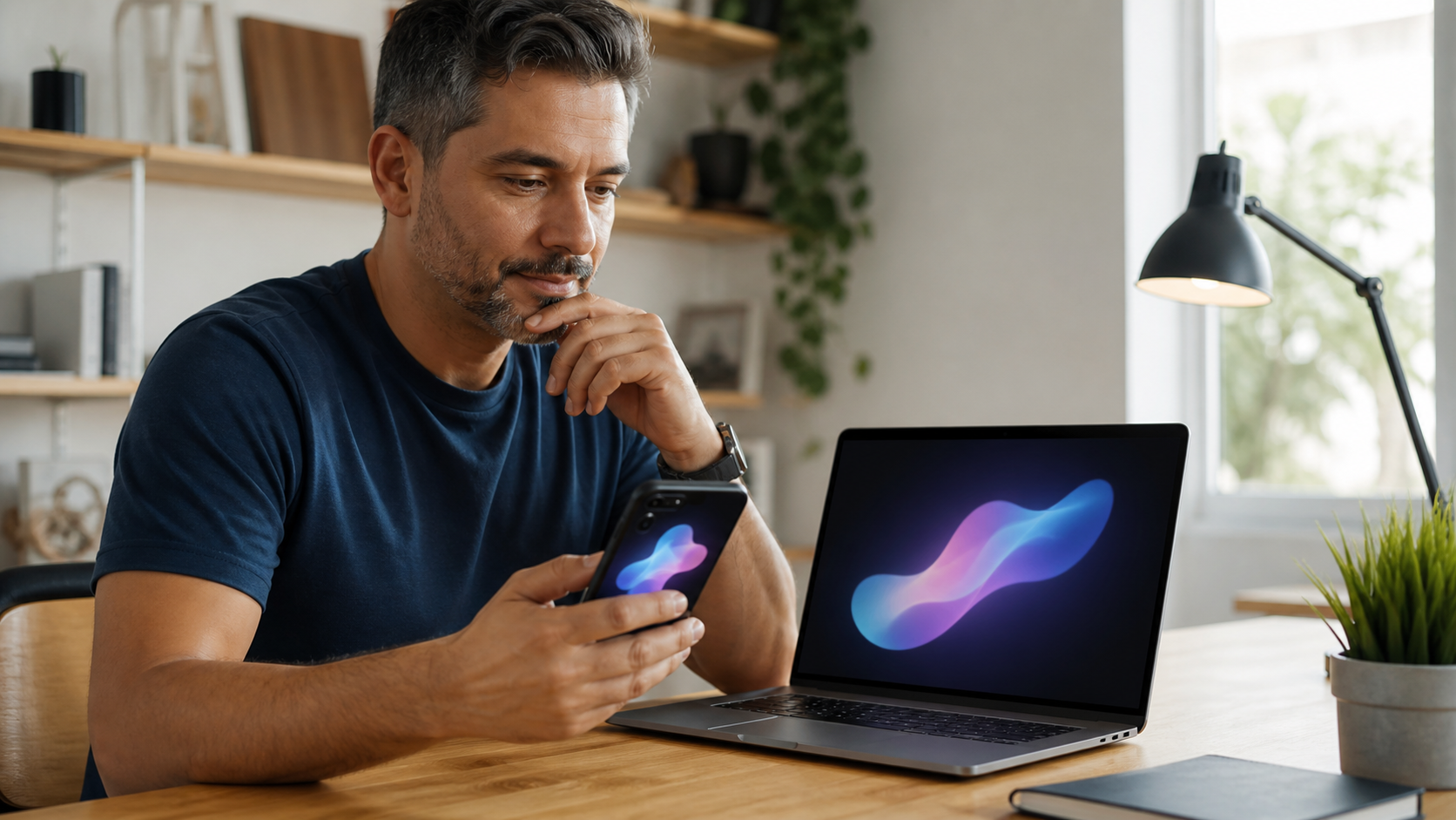 Pessoa utilizando inteligência artificial no celular e computador