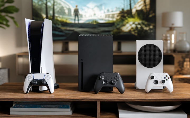 Comparação de consoles de videogame em uma sala moderna