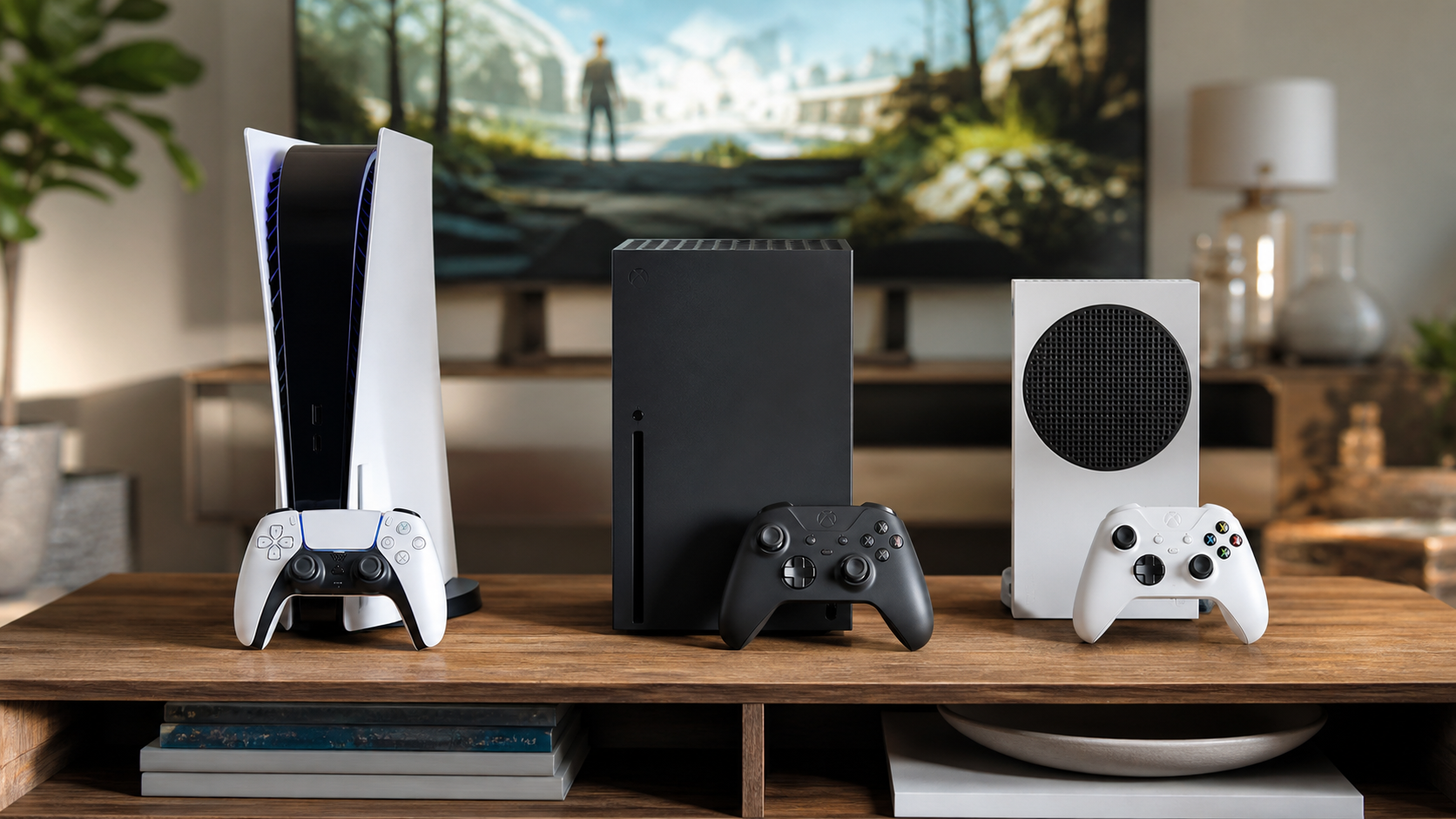 Comparação de consoles de videogame em uma sala moderna